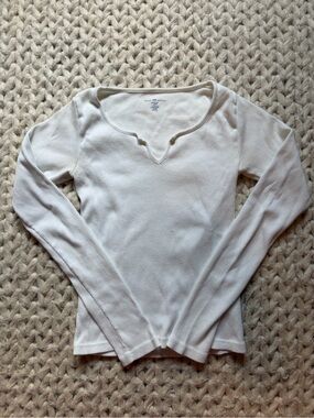 Brandy Melville white ribbed Long-Sleeve Notch-Neck Thermal Top